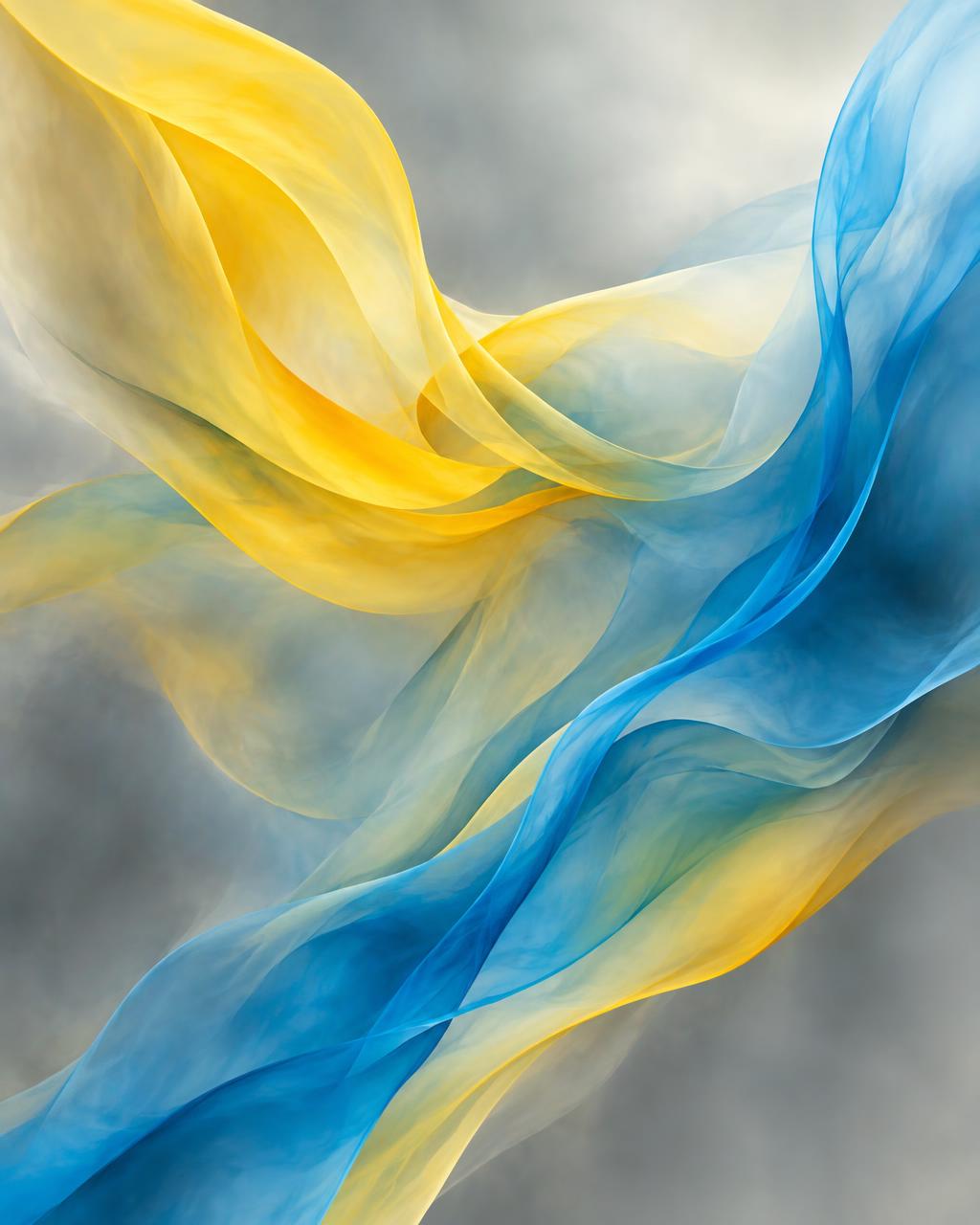 Abstract painting of yellow and blue translucent folds