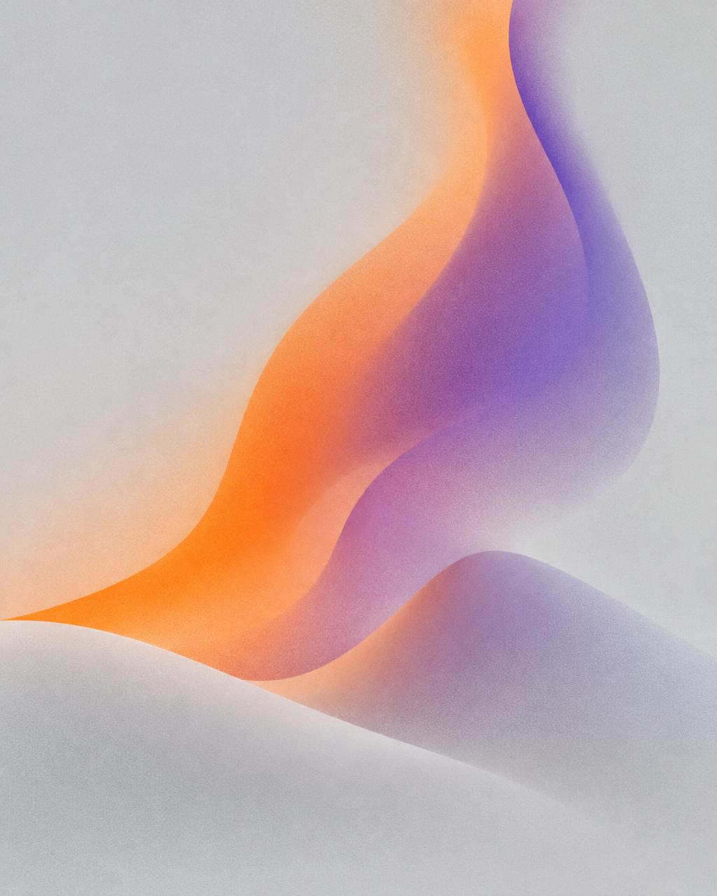 Abstract painting of an orange and violet wave on pale grey